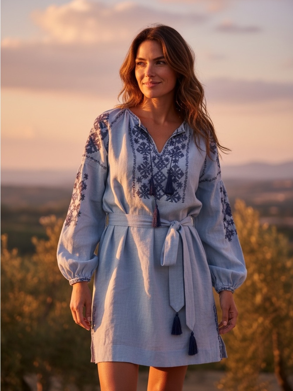 Custom Blue Linen Embroidered Women's Puff Sleeved Dress